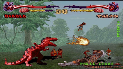 Primal Rage for PlayStation 1 fighting game featuring giant prehistoric beasts battling in arcade style combat long box packaging retro console release gameplay
