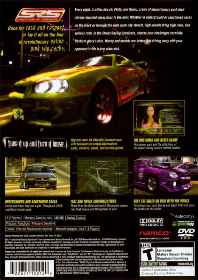Street Racing Syndicate – PlayStation 2 (PS2) video game back of case, street racing action.