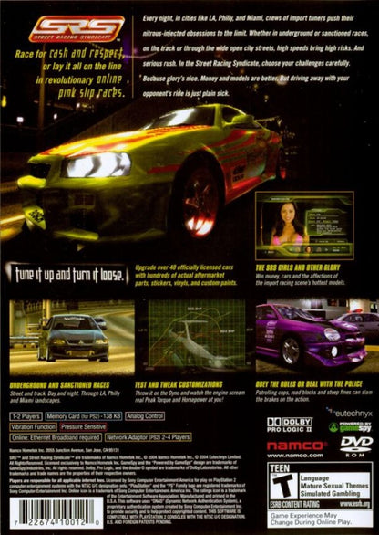 Street Racing Syndicate – PlayStation 2 (PS2) video game back of case, street racing action.