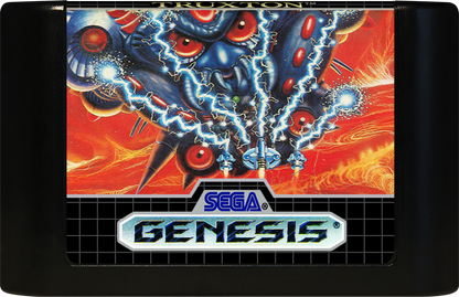 Truxton Sega Genesis GEN video game featuring vertical scrolling shoot em up gameplay spaceship combat enemy waves power ups intense boss battles challenging stages rapid fire action and classic 16 bit Sega gameplay retro video game collection collectible gaming appeal game cartridge