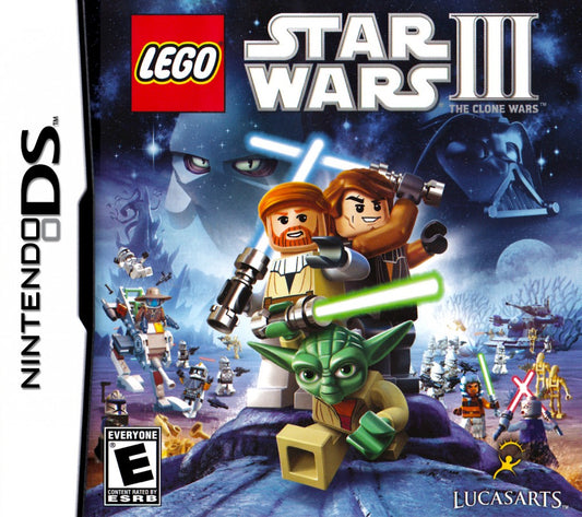 LEGO Star Wars III The Clone Wars for Nintendo DS action adventure game featuring characters and battles from the Clone Wars series LEGO style combat puzzles and co op gameplay front cover