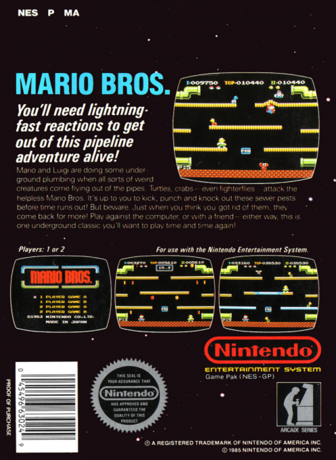 Mario Bros. Arcade Classics back of box for Nintendo Entertainment System (NES) retro video game
