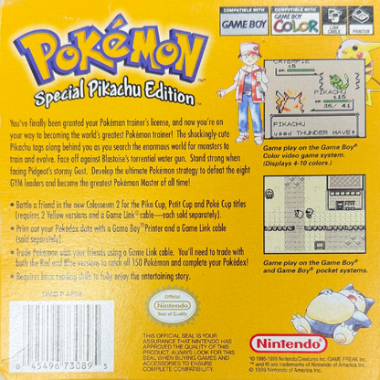 Pokemon Yellow Game Boy Nintendo classic RPG role playing game Pikachu special edition Pokemon Yellow Version Special Pikachu Edition Kanto region turn based battles catching training Pokemon retro handheld gaming Game Boy cartridge video game title back cover art