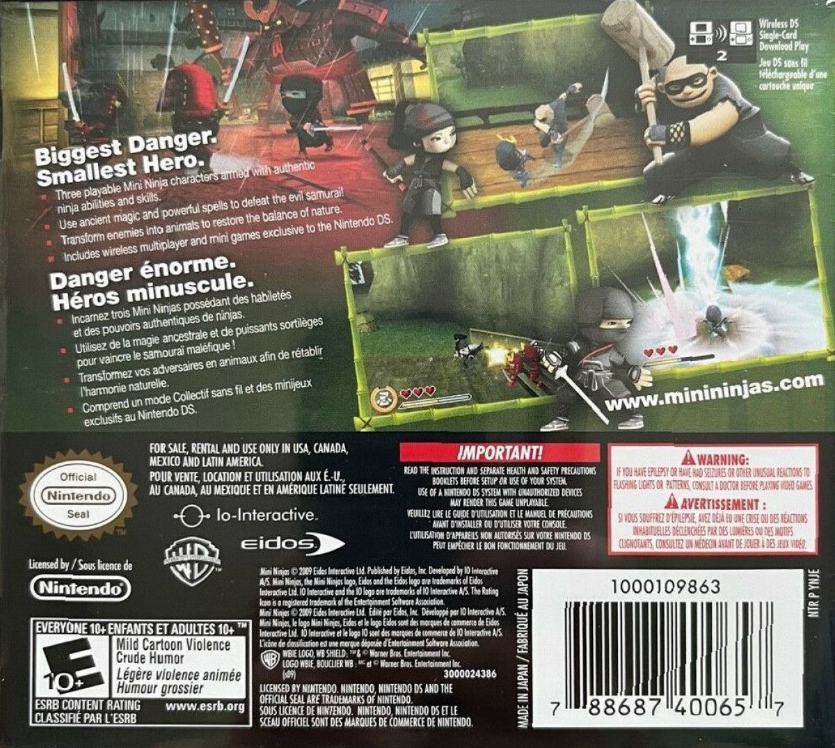Mini Ninjas Nintendo DS for retro video game enthusiasts featuring action adventure gameplay ninja themed exploration stealth mechanics puzzle solving martial arts combat charming characters and collectible gaming appeal back cover 