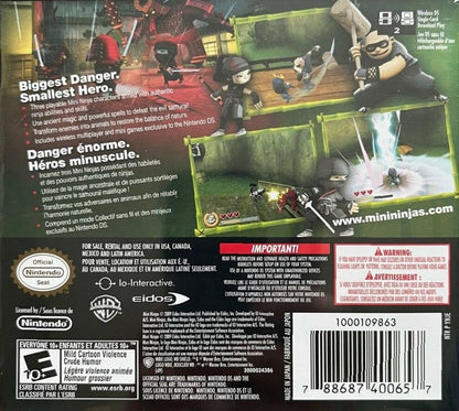 Mini Ninjas Nintendo DS for retro video game enthusiasts featuring action adventure gameplay ninja themed exploration stealth mechanics puzzle solving martial arts combat charming characters and collectible gaming appeal back cover 