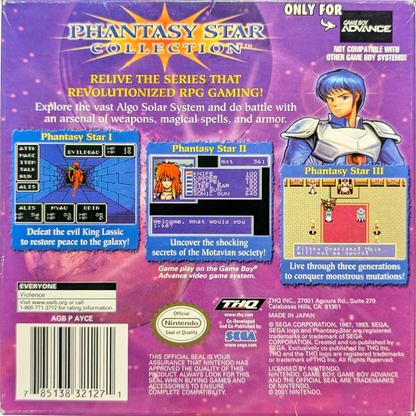 Phantasy Star Collection [CIB] for Game Boy Advance (GBA) featuring portable versions of classic sci-fi RPGs from the SEGA Master System, including Phantasy Star I, II, and III; explore alien worlds, build your party, and experience the roots of the legendary series in this complete-in-box compilation back cover