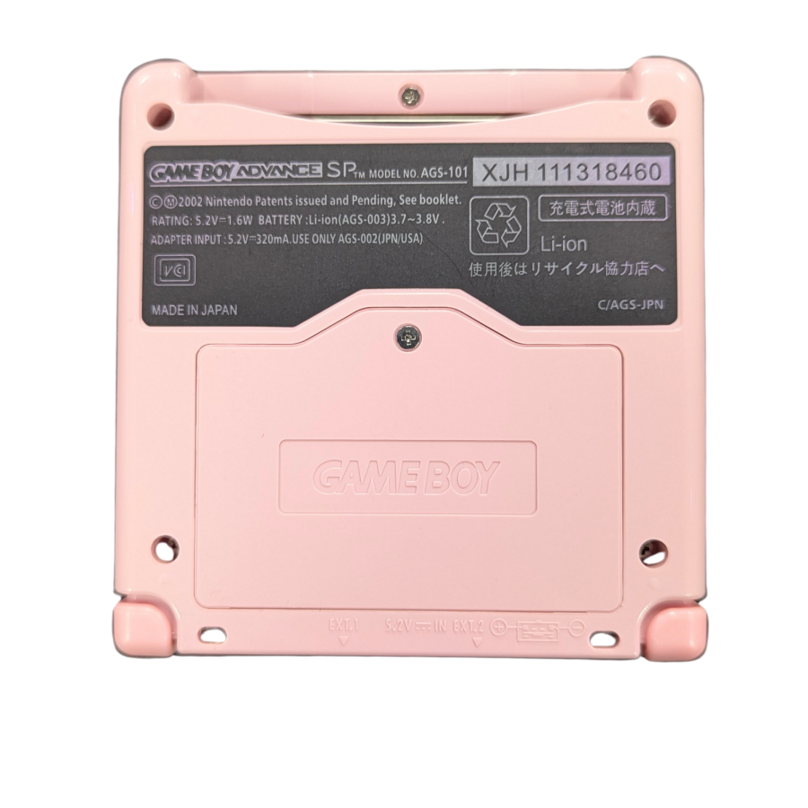 Game Boy Advance SP GBA SP handheld console custom pink shell replacement clamshell design backlit screen rechargeable battery Nintendo portable retro gaming bottom underside