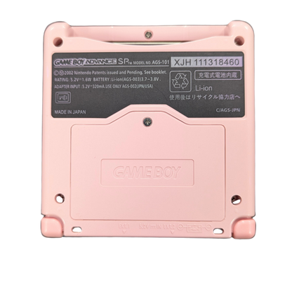 Game Boy Advance SP GBA SP handheld console custom pink shell replacement clamshell design backlit screen rechargeable battery Nintendo portable retro gaming bottom underside
