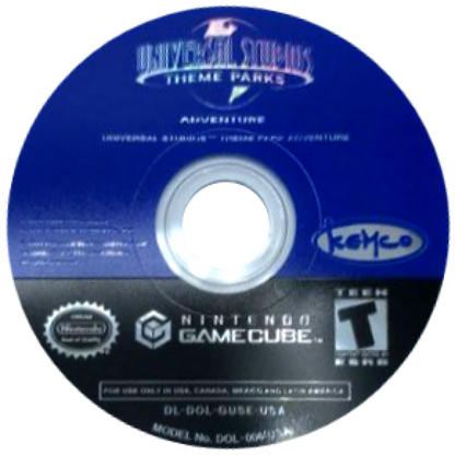 Universal Studios Theme Parks Adventure GameCube GC video game, adventure mini-games, theme park exploration, family-friendly, Nintendo GameCube title disc