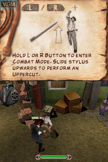 Indiana Jones and the Staff of Kings Nintendo DS video game featuring classic LucasArts action adventure gameplay whip combat puzzle solving touch screen controls and cinematic treasure hunting storyline gameplay