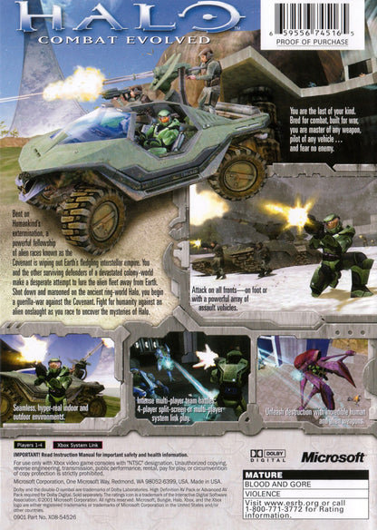 Halo: Combat Evolved for Xbox (XBOX) at Gamers INC, featuring the legendary sci‑fi shooter that introduced Master Chief and the Halo universe, with a cinematic campaign, smart enemy AI, iconic vehicle combat, and split‑screen multiplayer that defined a generation of console FPS action back cover