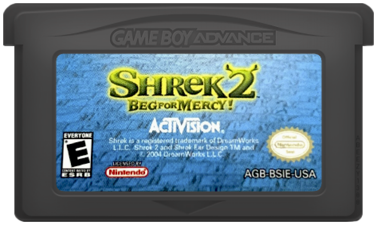 Shrek 2 Beg for Mercy for Game Boy Advance (GBA), cartridge for a retro video game featuring action platforming gameplay, character-based combat, side-scrolling levels, and movie-inspired adventure challenges