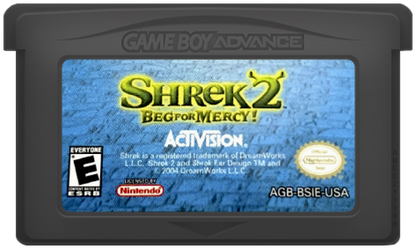 Shrek 2 Beg for Mercy for Game Boy Advance (GBA), cartridge for a retro video game featuring action platforming gameplay, character-based combat, side-scrolling levels, and movie-inspired adventure challenges
