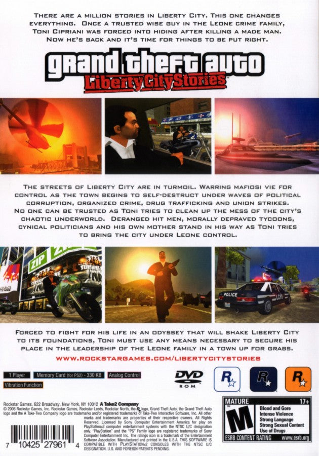 Grand Theft Auto: Liberty City Stories back cover art for PlayStation 2 (PS2) video game