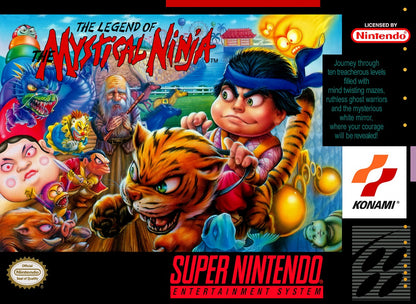 Retro Legend of the Mystical Ninja SNES inspired design featuring classic Konami action adventure aesthetic colorful feudal Japan side scrolling gameplay quirky humor co op battles pixel art exploration nostalgic Super Nintendo presentation cover art