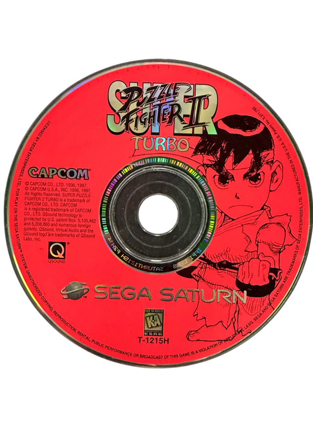 Super Puzzle Fighter II Turbo Sega Saturn SS for puzzle fighting video game fans featuring colorful gem matching gameplay chain reactions competitive battles Street Fighter and Darkstalkers characters strategic combos arcade style action multiplayer matches and classic Capcom Sega Saturn gaming collectible appeal disc
