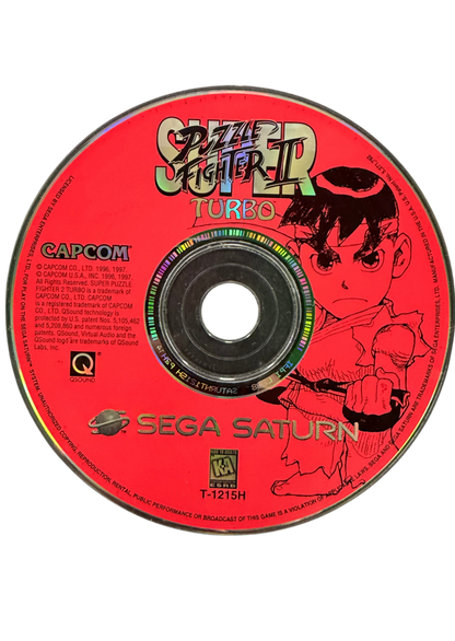 Super Puzzle Fighter II Turbo Sega Saturn SS for puzzle fighting video game fans featuring colorful gem matching gameplay chain reactions competitive battles Street Fighter and Darkstalkers characters strategic combos arcade style action multiplayer matches and classic Capcom Sega Saturn gaming collectible appeal disc