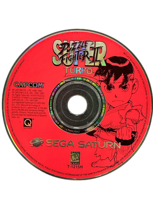 Super Puzzle Fighter II Turbo Sega Saturn SS for puzzle fighting video game fans featuring colorful gem matching gameplay chain reactions competitive battles Street Fighter and Darkstalkers characters strategic combos arcade style action multiplayer matches and classic Capcom Sega Saturn gaming collectible appeal disc