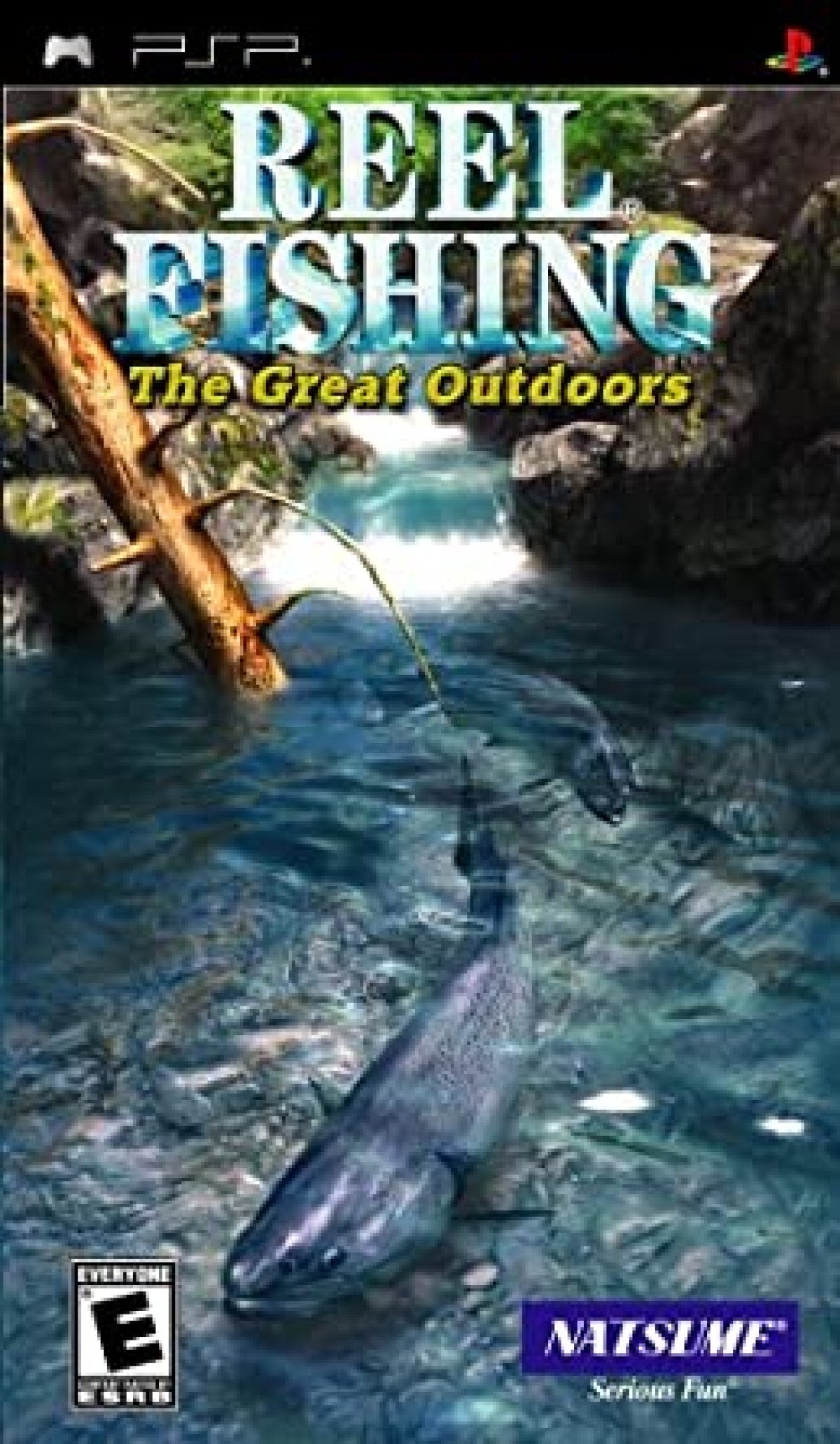 Reel Fishing The Great Outdoors PlayStation Portable PSP inspired design featuring relaxing fishing simulation aesthetic tranquil natural environments realistic angling mechanics variety of fish species outdoor exploration gameplay and portable casual sports experience presentation front cover 