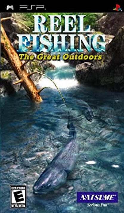 Reel Fishing The Great Outdoors PlayStation Portable PSP inspired design featuring relaxing fishing simulation aesthetic tranquil natural environments realistic angling mechanics variety of fish species outdoor exploration gameplay and portable casual sports experience presentation front cover 