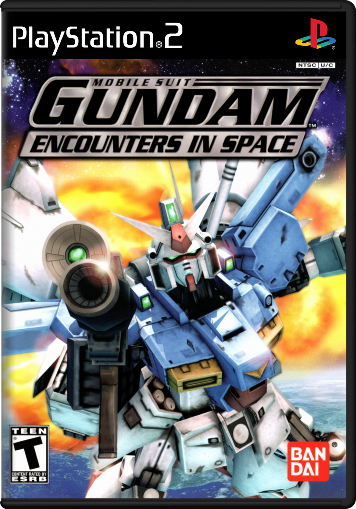 Retro Mobile Suit Gundam Encounters in Space PS2 inspired design featuring anime mech warfare aesthetic vintage PlayStation 2 space combat giant mobile suits Earth Federation versus Zeon battles cinematic sci fi action nostalgic Gundam gameplay presentation cover art