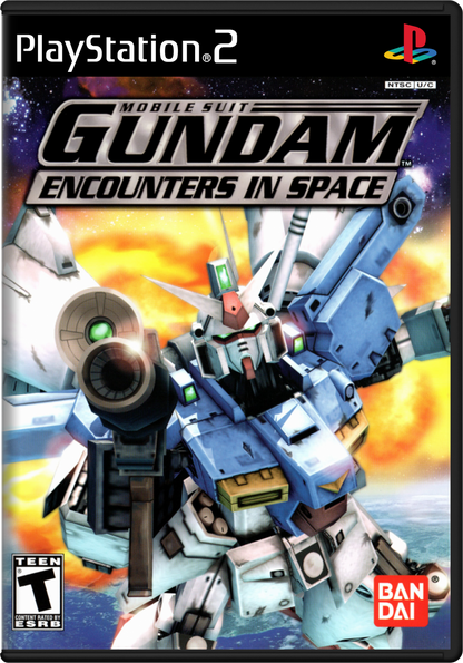 Retro Mobile Suit Gundam Encounters in Space PS2 inspired design featuring anime mech warfare aesthetic vintage PlayStation 2 space combat giant mobile suits Earth Federation versus Zeon battles cinematic sci fi action nostalgic Gundam gameplay presentation cover art