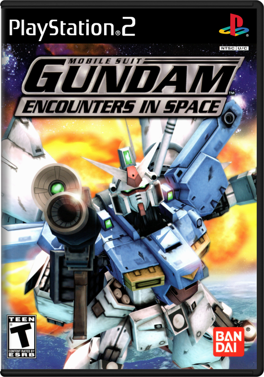 Retro Mobile Suit Gundam Encounters in Space PS2 inspired design featuring anime mech warfare aesthetic vintage PlayStation 2 space combat giant mobile suits Earth Federation versus Zeon battles cinematic sci fi action nostalgic Gundam gameplay presentation cover art