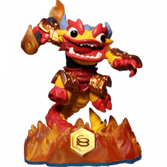 Fire Kraken Skylanders Swap Force figure, fire element warrior with flaming hair, armored body and spinning lower half, posed in attack stance, detailed collectible toy on portal base from Skylanders Swap Force series