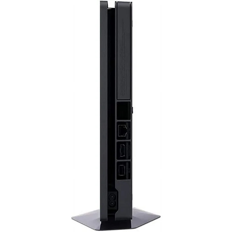 Vertical rear view of a Sony PS4 Slim console standing upright, showing power input, HDMI and USB ports, Ethernet port, and ventilation grilles.