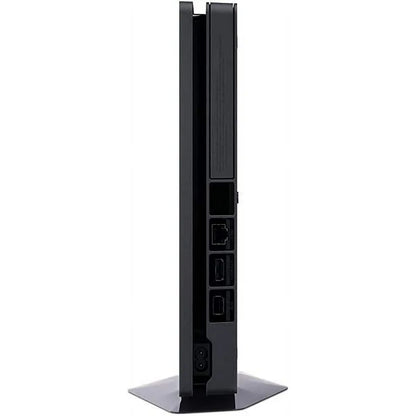 Vertical rear view of a Sony PS4 Slim console standing upright, showing power input, HDMI and USB ports, Ethernet port, and ventilation grilles.