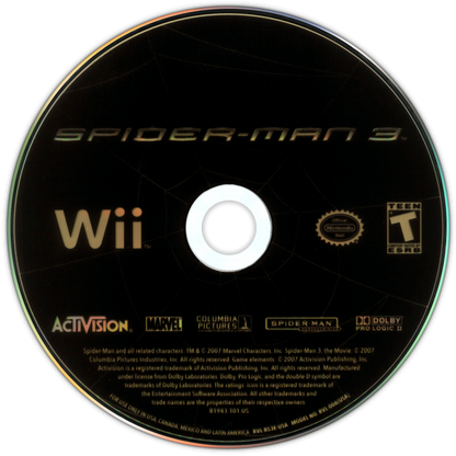 Spider-Man 3 Nintendo Wii video game, action adventure, superhero gameplay, motion controls, Marvel movie tie-in disc