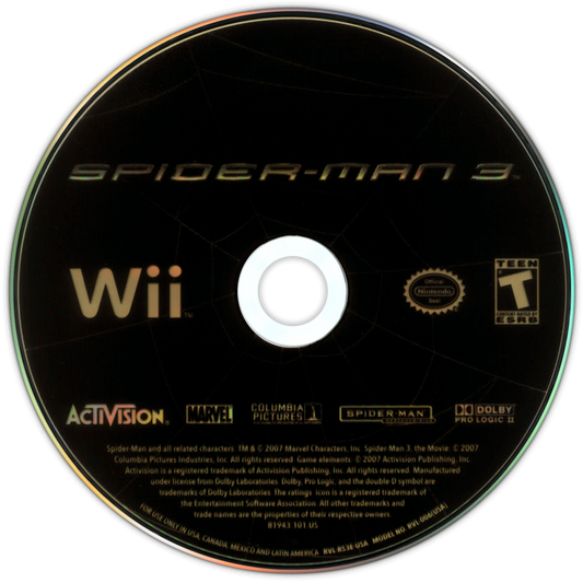 Spider-Man 3 Nintendo Wii video game, action adventure, superhero gameplay, motion controls, Marvel movie tie-in disc