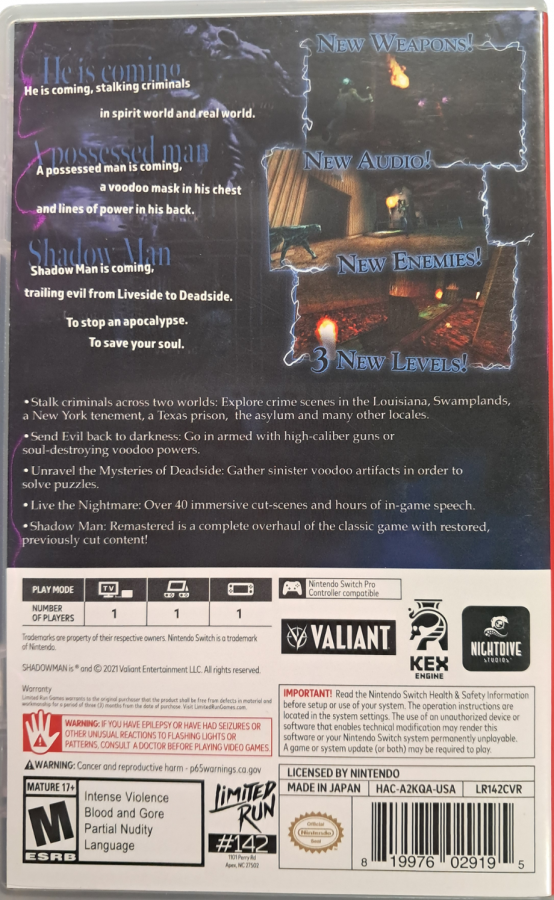 Shadow Man Remastered Nintendo Switch inspired design featuring dark supernatural action adventure aesthetic voodoo mythology inspired world eerie parallel dimensions intense combat atmospheric exploration enhanced classic gameplay presentation back cover 