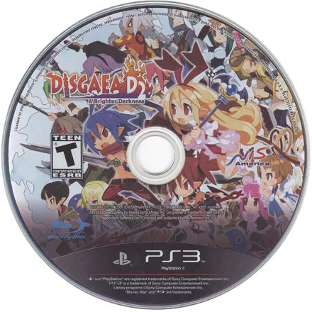 Disgaea D2 A Brighter Darkness PS3 game featuring strategic turn-based RPG combat, over-the-top anime humor, and deep character customization gameplay disc