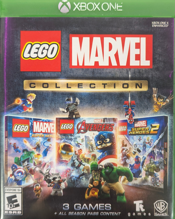 LEGO Marvel Collection Xbox One video game, action adventure bundle, LEGO superhero gameplay, cooperative multiplayer, console title front cover