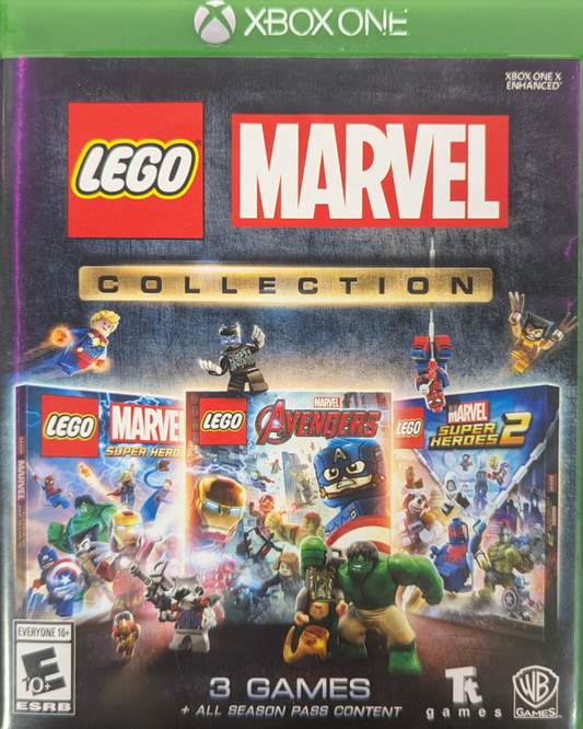 LEGO Marvel Collection Xbox One video game, action adventure bundle, LEGO superhero gameplay, cooperative multiplayer, console title front cover