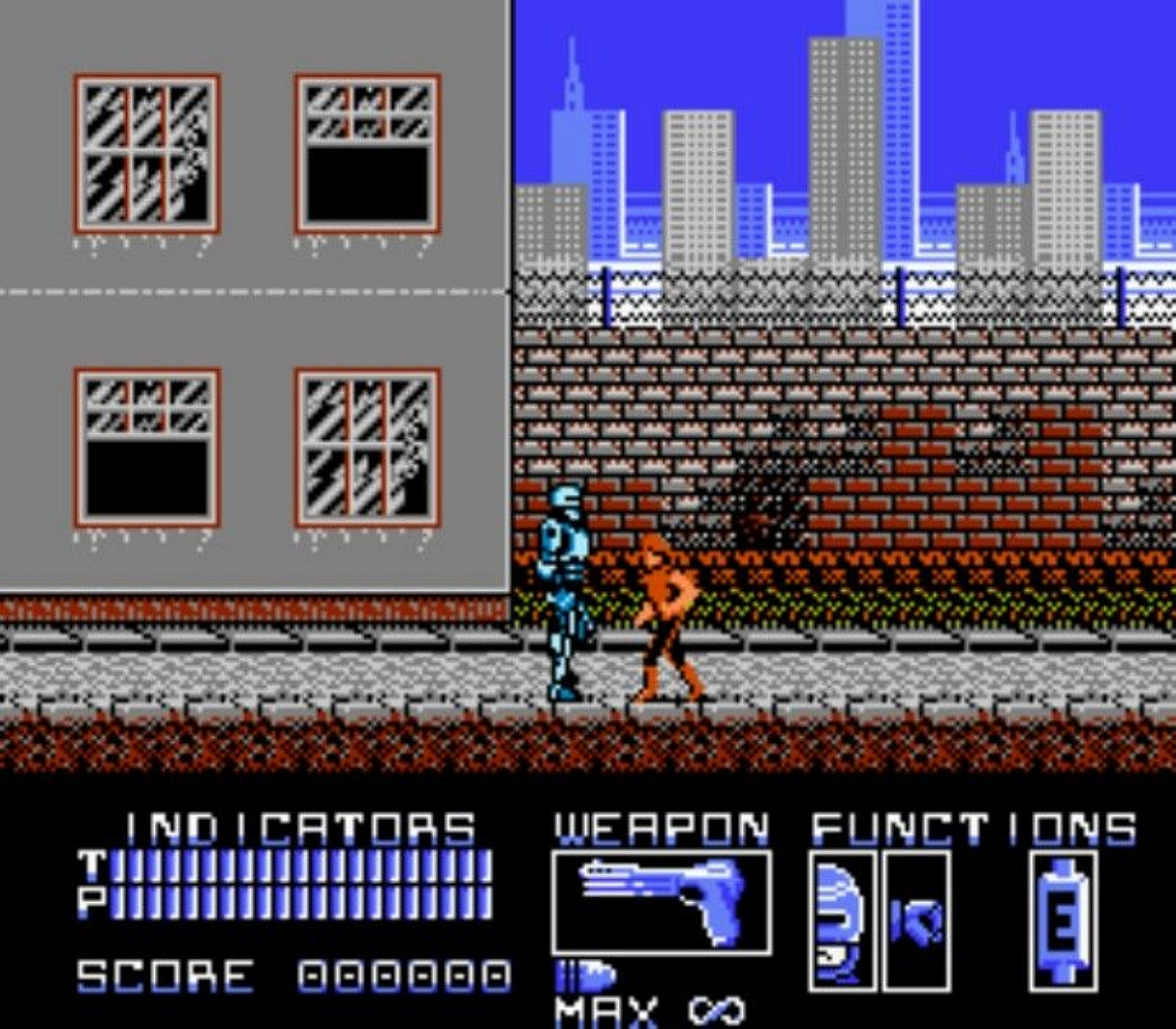 RoboCop NES Nintendo Entertainment System action platformer shooter side scrolling gameplay crime fighting cyborg police Detroit arcade style Data East retro 8 bit gaming cartridge video game title gameplay