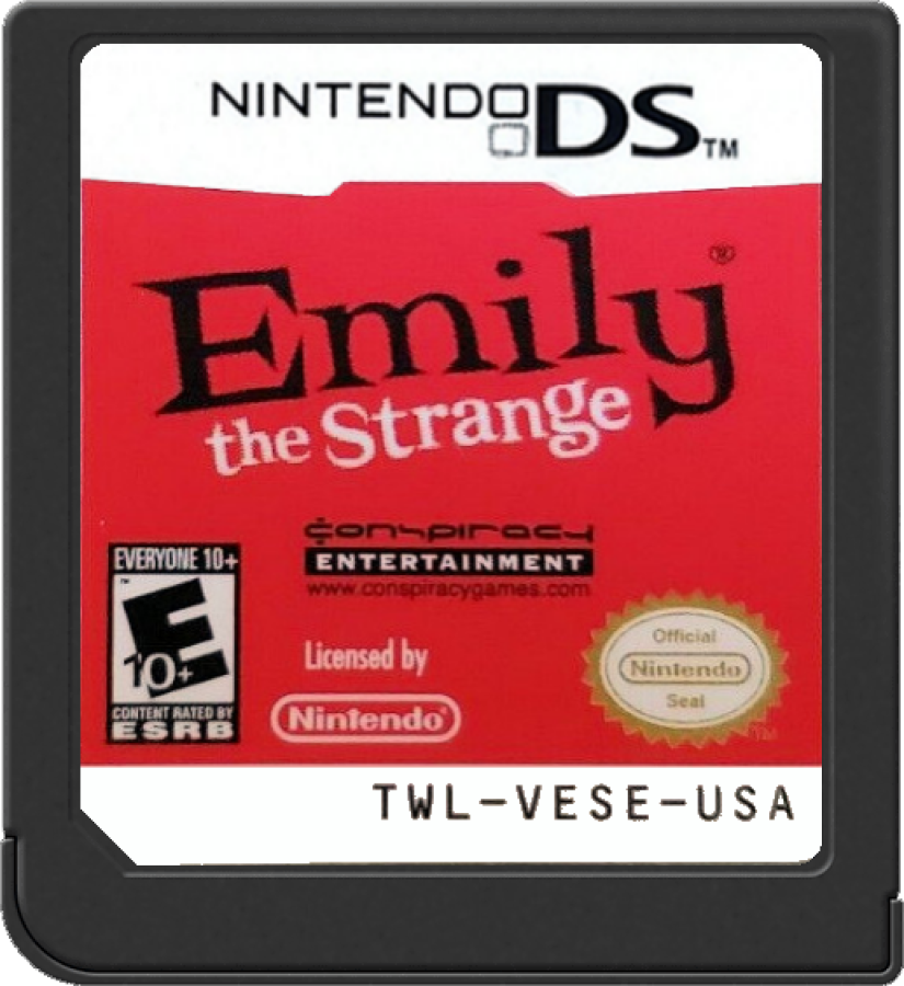 Emily the Strange Strangerous Nintendo DS DS video game featuring puzzle adventure gameplay Emily the Strange character exploration mysterious environments black cat companions quirky challenges puzzle solving hidden secrets dark gothic art style alternative fashion and imaginative story driven gameplay classic Nintendo DS handheld adventure retro video game collection collectible gaming appeal game cartridge