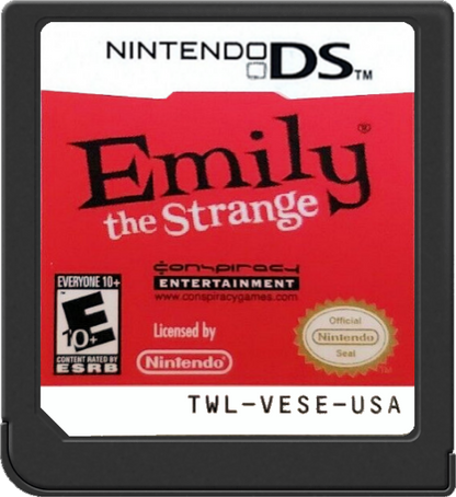 Emily the Strange Strangerous Nintendo DS DS video game featuring puzzle adventure gameplay Emily the Strange character exploration mysterious environments black cat companions quirky challenges puzzle solving hidden secrets dark gothic art style alternative fashion and imaginative story driven gameplay classic Nintendo DS handheld adventure retro video game collection collectible gaming appeal game cartridge