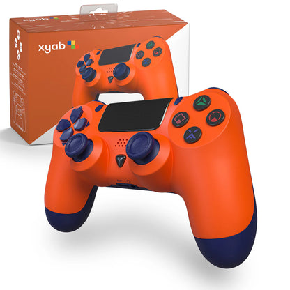 XYAB brand wireless DualShock 4 controller for PlayStation 4 in Ember Orange featuring touchpad, light bar, analog sticks, action buttons, and ergonomic design