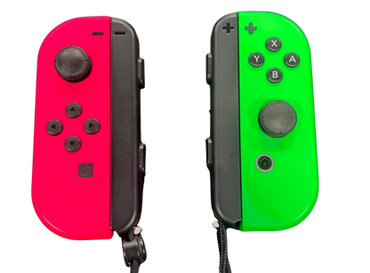 Nintendo Switch Joy-Con Neon Pink and Neon Green controllers featuring vibrant neon colors wireless motion controls HD Rumble responsive analog sticks detachable left and right controllers multiplayer gaming compatibility ergonomic design rechargeable accessories collectible Nintendo gaming appeal front view raw image