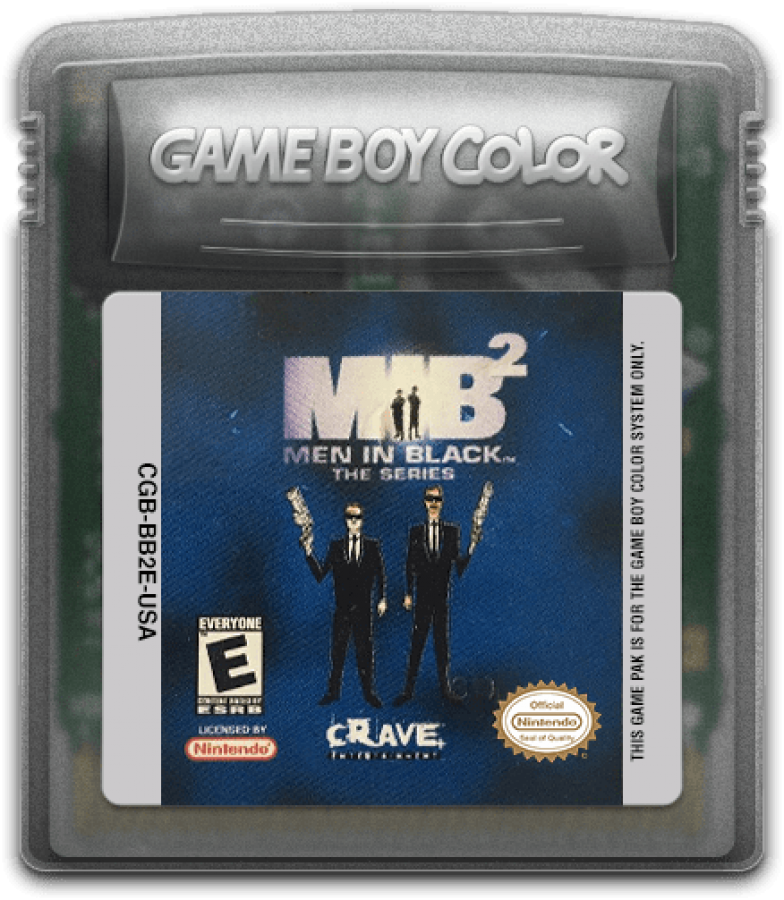 Men in Black The Series 2 for Game Boy Color, cartridge for an action-adventure video game with alien combat, side-scrolling gameplay, mission-based levels, and sci-fi action