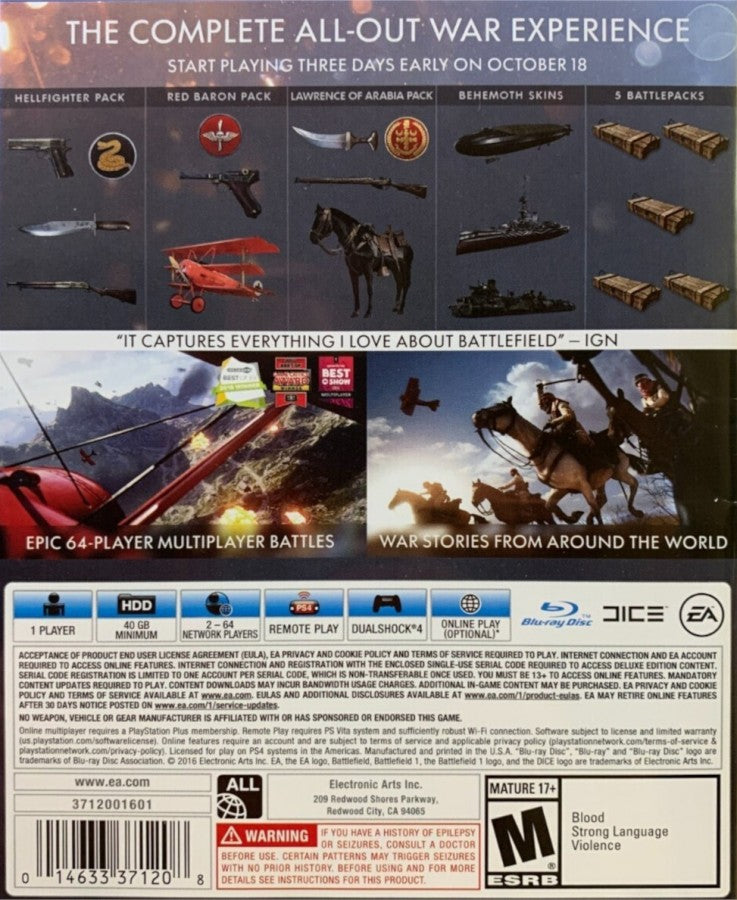 Battlefield 1 [Early Enlister Deluxe Edition] back cover art for PlayStation 4 video game.  