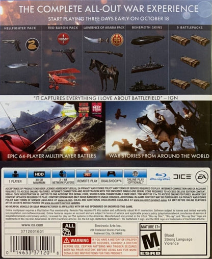 Battlefield 1 [Early Enlister Deluxe Edition] back cover art for PlayStation 4 video game.  