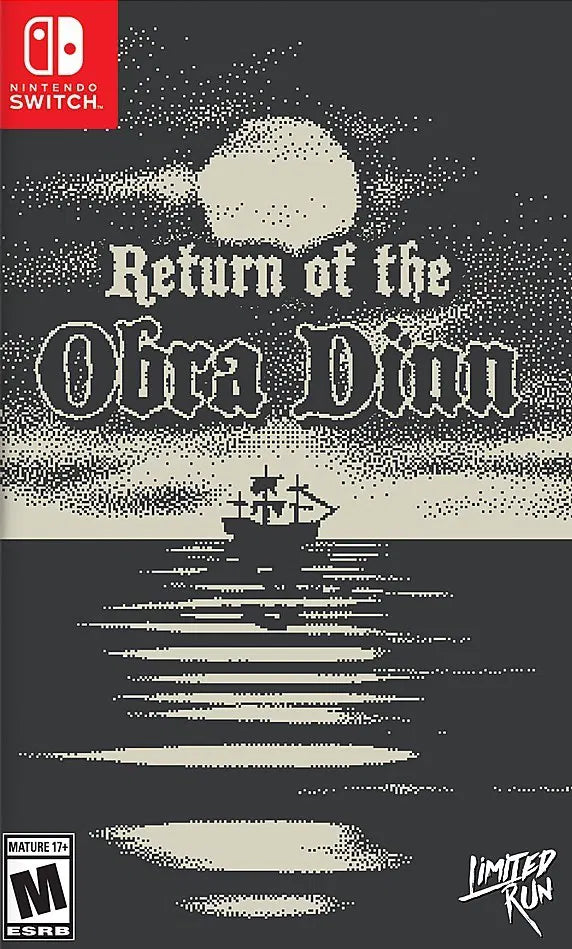 Return of the Obra Dinn Nintendo Switch inspired design featuring mystery adventure investigation aesthetic deduction based gameplay lost merchant ship narrative monochromatic art style intricate puzzle solving atmospheric storytelling presentation front cover 
