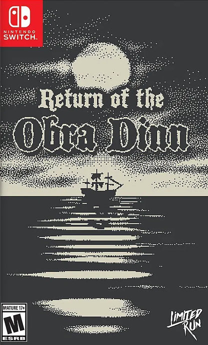 Return of the Obra Dinn Nintendo Switch inspired design featuring mystery adventure investigation aesthetic deduction based gameplay lost merchant ship narrative monochromatic art style intricate puzzle solving atmospheric storytelling presentation front cover 