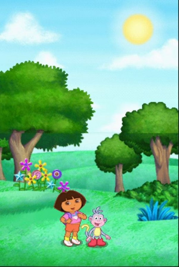 Dora's Big Birthday Adventure Nintendo DS interactive storybook platformer game tapping shouting scribbling activities based on TV special Dora and Boots stuck in Wizzle World birthday party goal DS microphone stylus controls magical unicorn riding gameplay screenshot