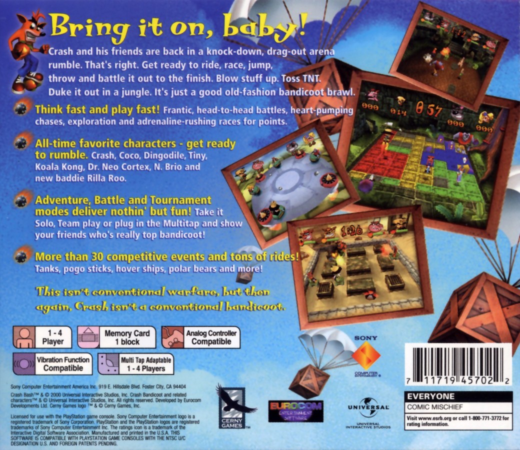 Crash Bash Greatest Hits PlayStation 1 party video game Eurocom 30 minigames adventure battle tournament modes 4-player multitap Crash Coco Cortex Tiny Dingodile multiplayer competition arena battles TNT crates pogo stick tanks hovercraft Sony back cover