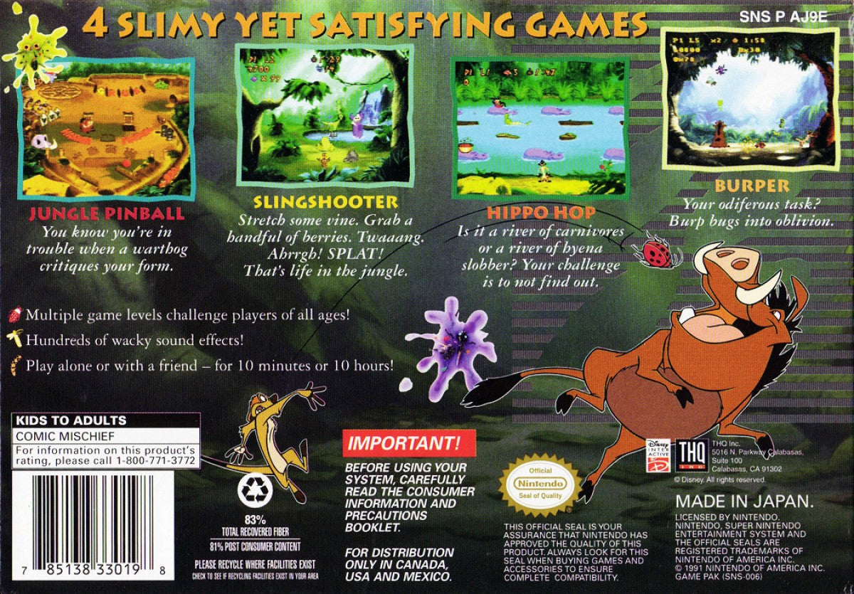 Timon and Pumbaa Jungle Games Super Nintendo Entertainment System SNES video game featuring mini game collection gameplay Timon and Pumbaa characters jungle themed challenges arcade style activities puzzle games action challenges and classic 16 bit Nintendo gameplay retro video game collection collectible gaming appeal back cover art