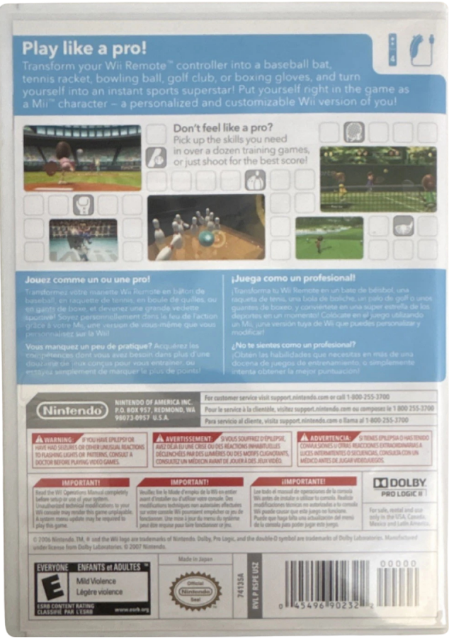 Wii Sports Player's Choice Nintendo Wii for retro video game enthusiasts featuring motion controlled sports gameplay tennis baseball bowling golf boxing family friendly multiplayer action intuitive Wii Remote controls and collectible gaming appeal back art 